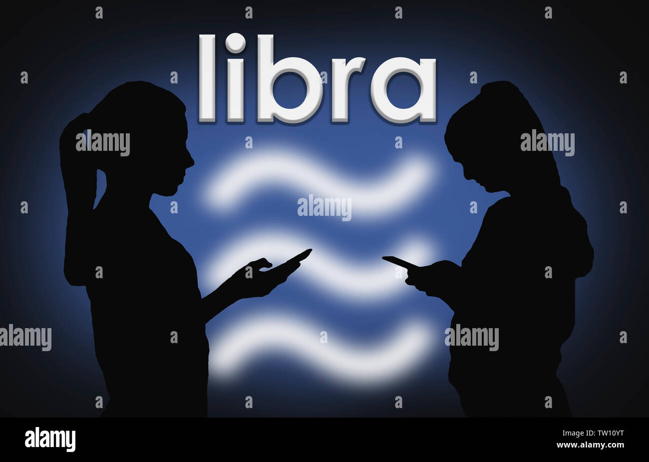 Silhouetten, die mit dem Internet verbunden sind mobile Geräte Geld mit Hilfe von Facebook Waage cryptocurrency blockchain Technology Service zu übertragen. Stockfoto