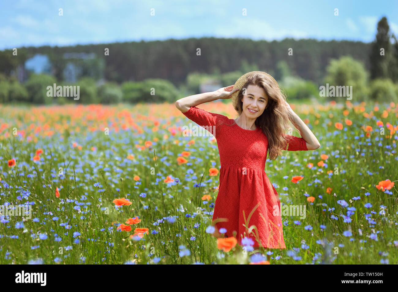 Reizende junge romantische Frau im Stroh Hut auf poppy flower Feld auf Hintergrund Sommer posieren. Tragen Strohhut Stockfoto