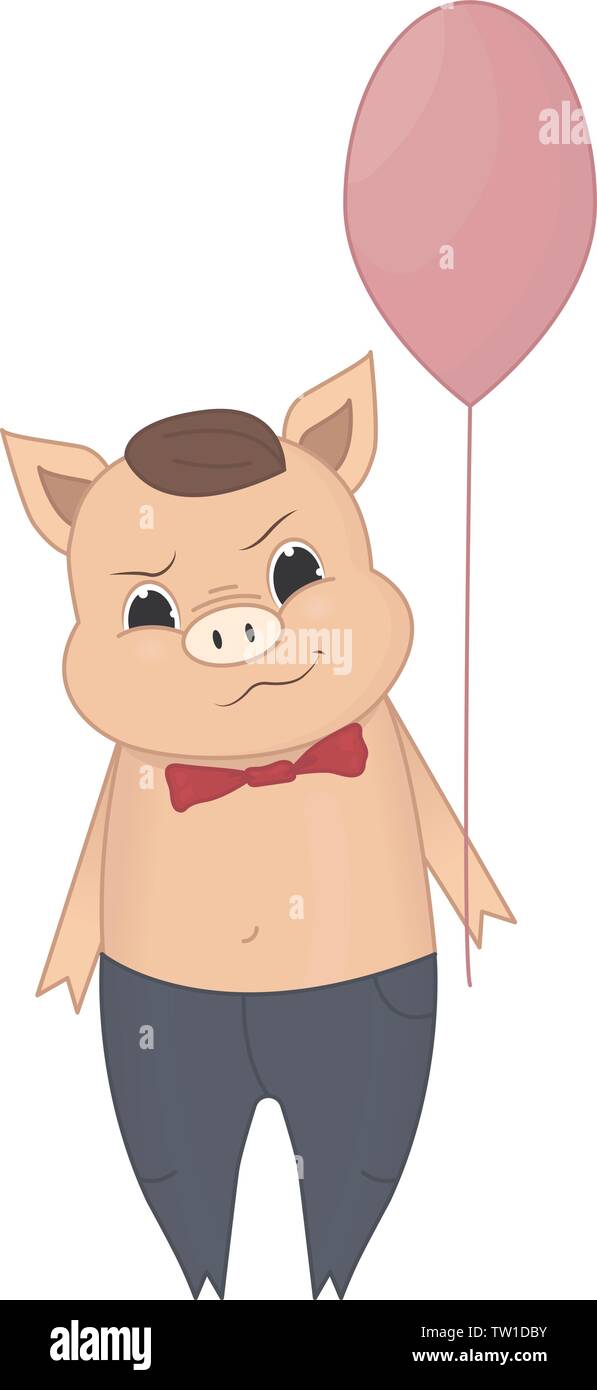 Vector Abbildung: Nettes Schwein mit einem Ballon Cartoon. Doodle, von Hand gezeichnet. Cartoon. Stock Vektor