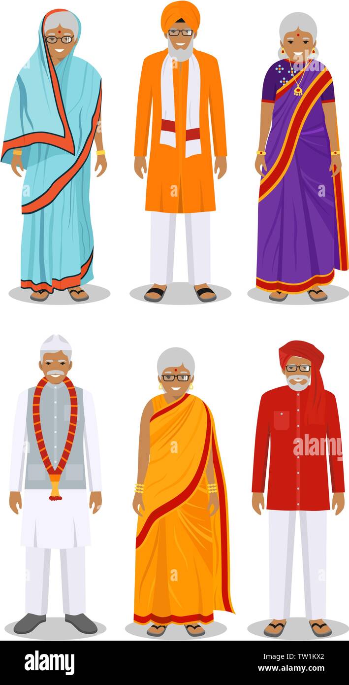 Satz von verschiedenen ständigen indischen alte in der traditionellen Kleidung auf weißem Hintergrund im flachen Stil isoliert. Unterschiede ältere Menschen Männer und Frauen Stock Vektor