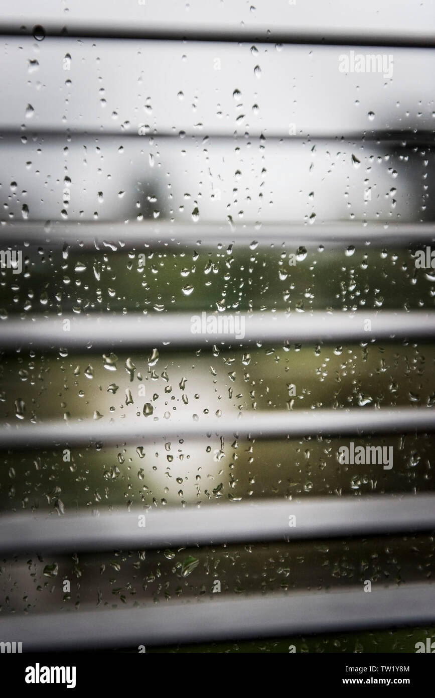 Regentropfen auf einer Fensterscheibe durch Jalousien gesehen. Stockfoto