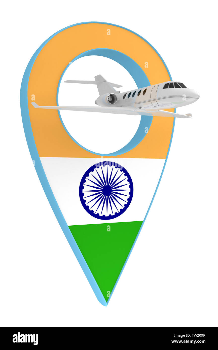 Eigenes Flugzeug mit Pin navigation Flagge Indien. 3D-Rendering Stockfoto