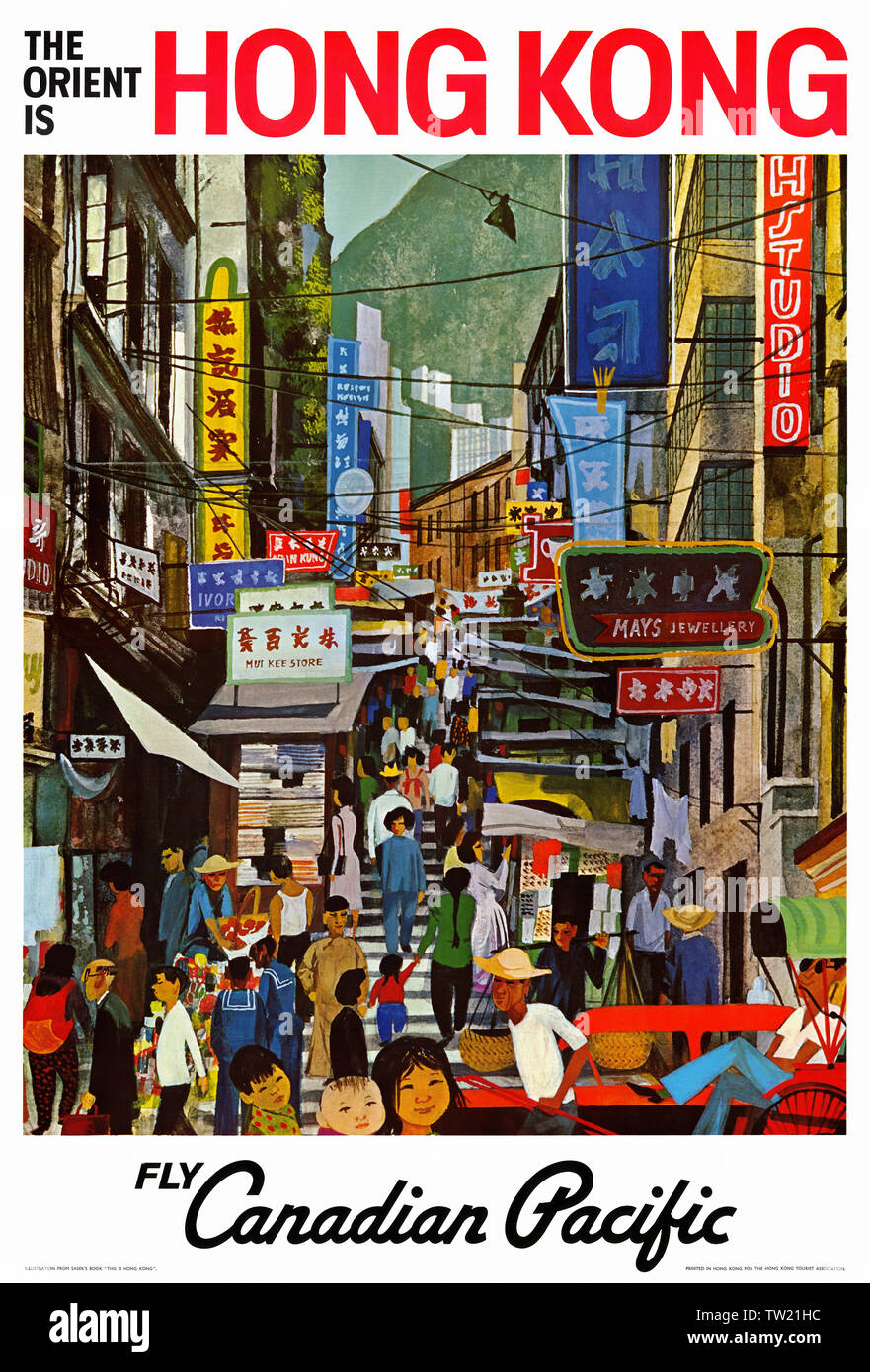 Restauriertes Vintage-Reisesoster. Der Orient ist Hong Kong Fly Canadian Pacific. Veröffentlicht im Jahr 1960. Stockfoto