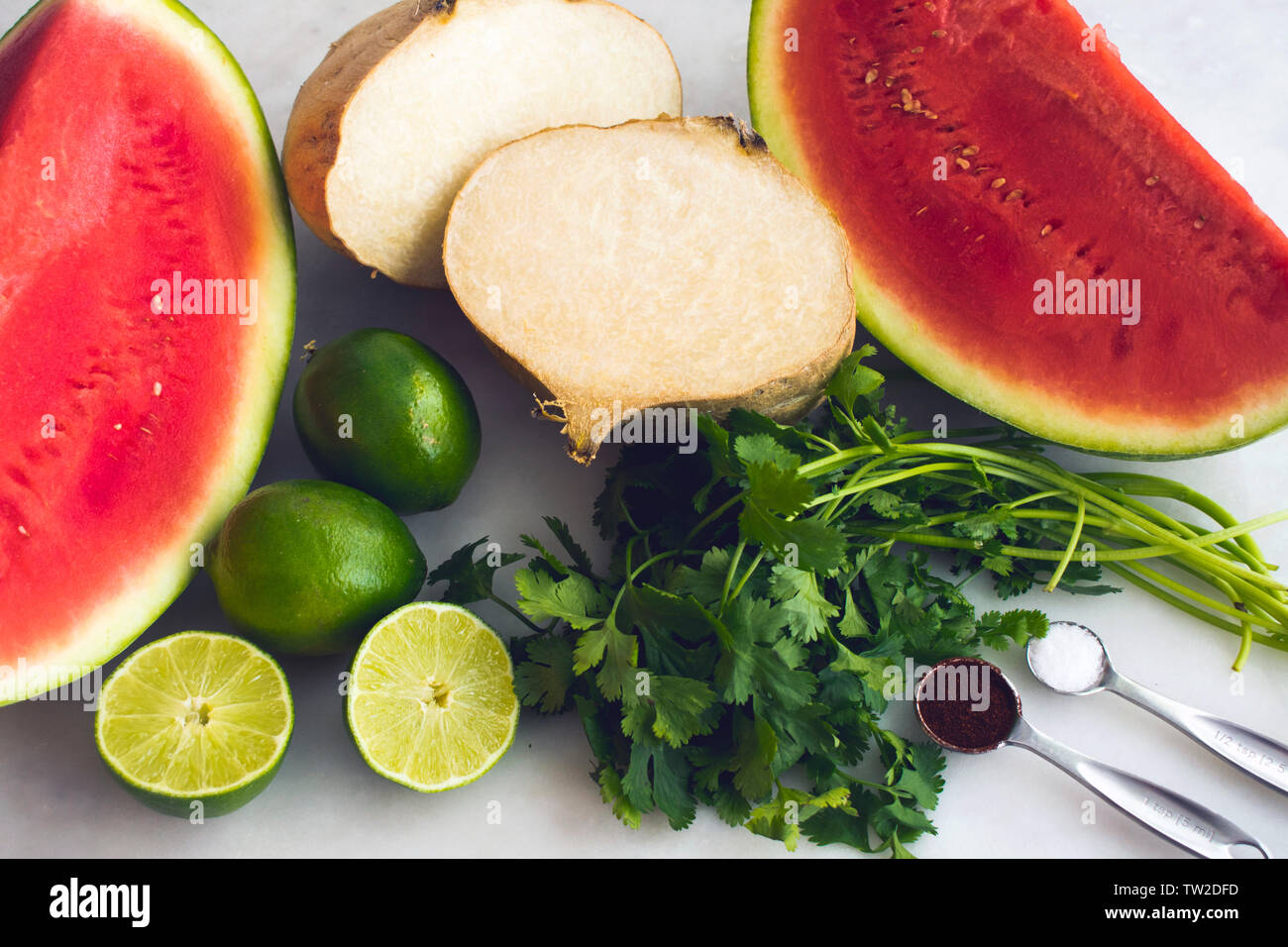 Wassermelone und Jicama Obstsalat Zutaten Stockfoto