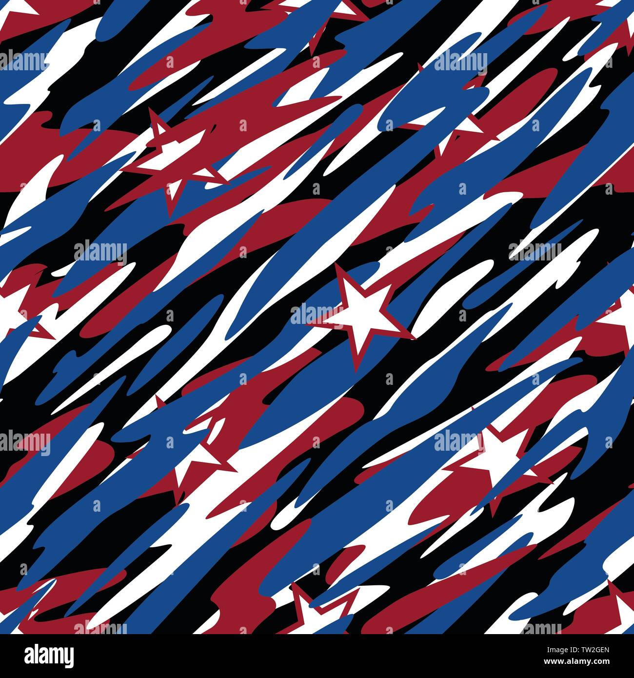 Patriotische Camouflage Rot Weiß und Blau mit Sternen American Pride abstrakte Nahtlose, Sich wiederholendes Muster Vector Illustration Stock Vektor