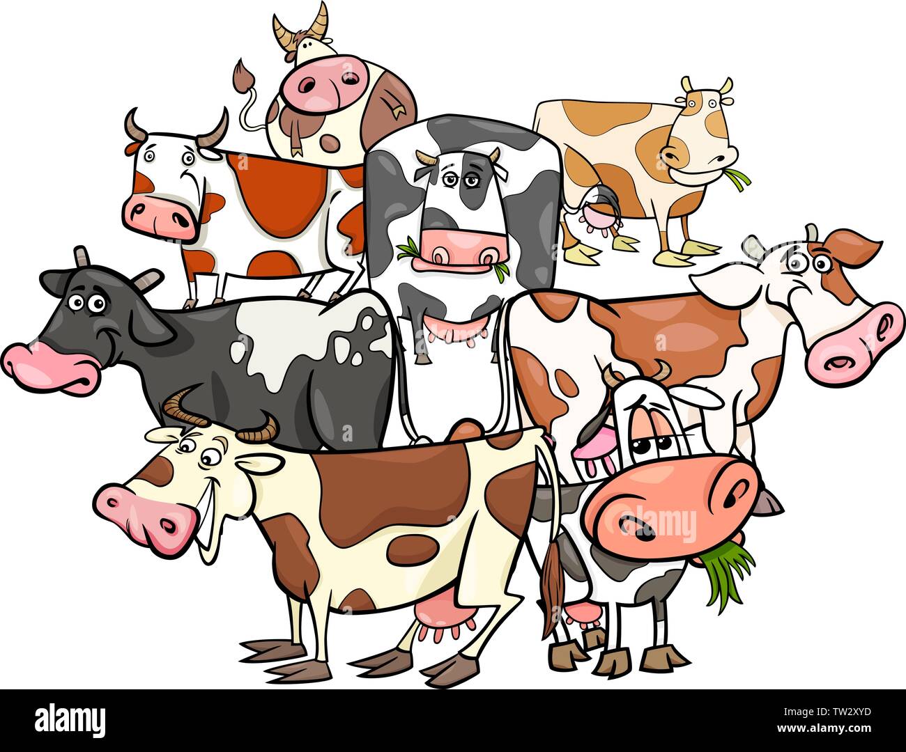 Cartoon Illustration der lustige Kühe Farm Animal Zeichen Gruppe Stock Vektor