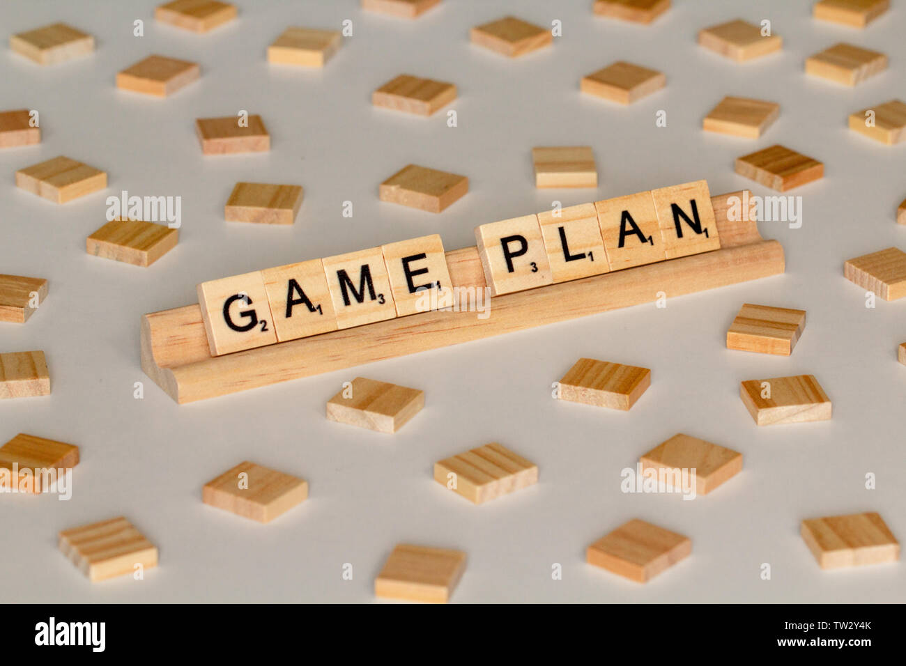Scrabble Spiel Holz Fliesen Schreibweise "Game Plan" Stockfoto