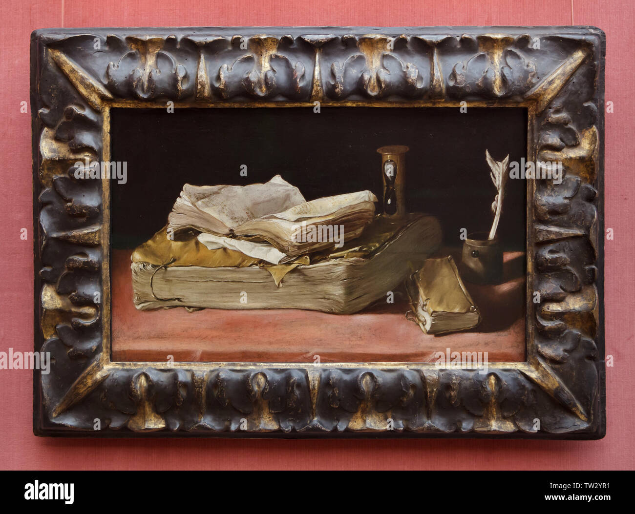 Stillleben mit alten Büchern und Sand - Glas von einem Unbekannten spanischen Maler aus dem zweiten Viertel des 17. Jahrhunderts in der Berliner Gemäldegalerie (Berlin Bildergalerie) in Berlin, Deutschland. Stockfoto