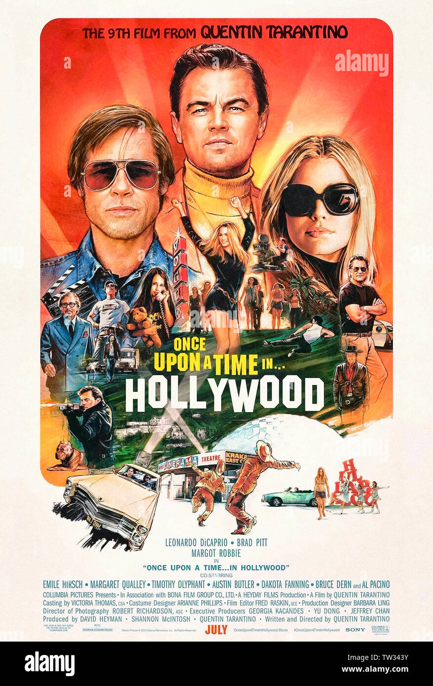 Es War Einmal ... in Hollywood (2019) gerichtet und geschrieben von Quentin Tarantino und Hauptdarsteller Leonardo DiCaprio, Brad Pitt und Margot Robbie. 9 Tarintino den Film 1969 in Los Angeles als Hollywood's Golden Age set zeichnet ein Ende. Stockfoto