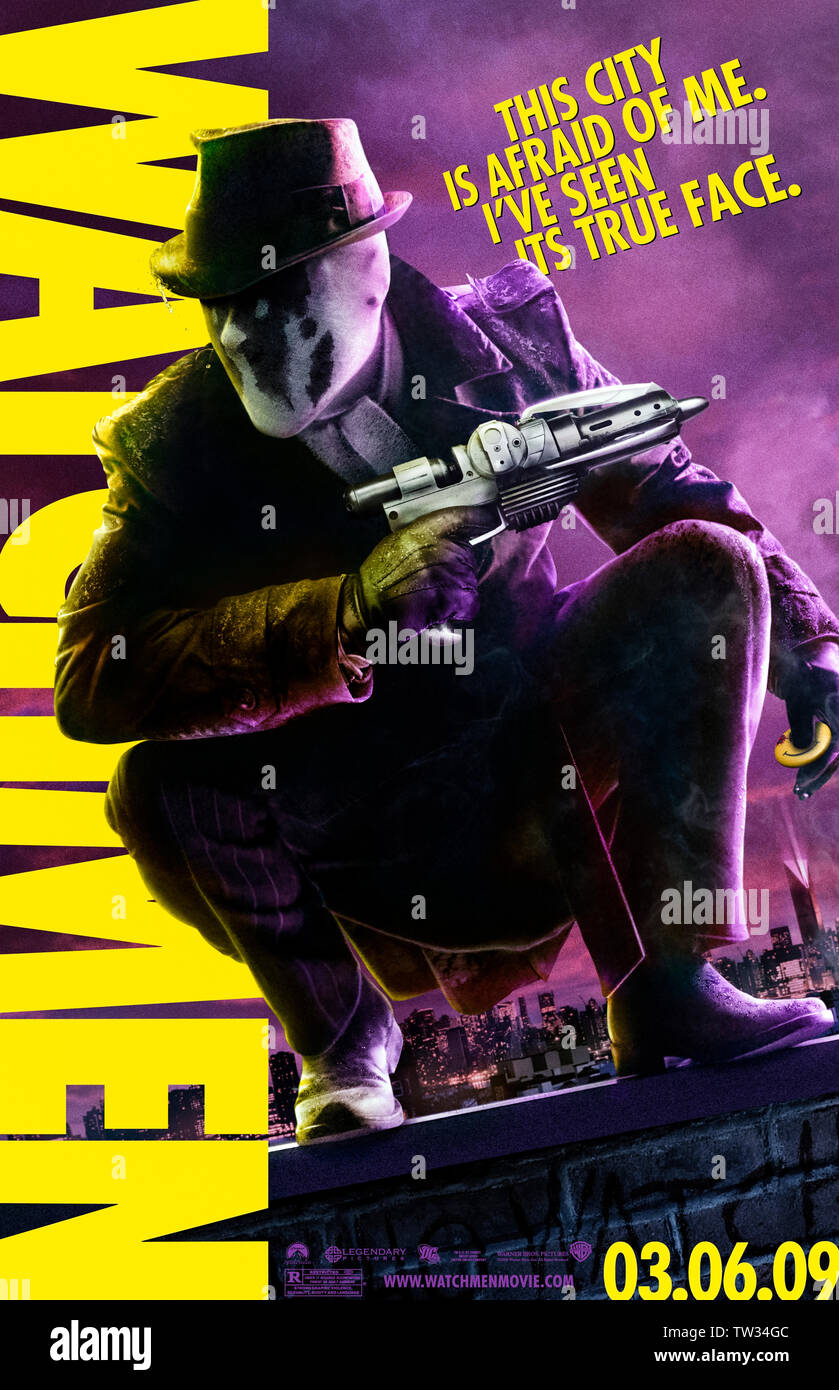 "Watchmen" (2009) von Zack Snyder Regie und Hauptdarsteller Jackie Earle Haley als Rorschach. Stockfoto