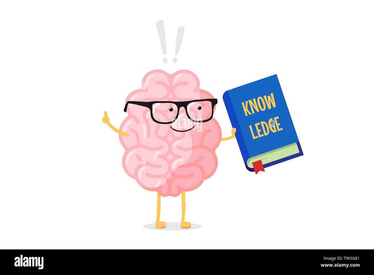 Cartoon smart Gehirn Charakter in Gläsern Holding blaues Buch mit Wissen Inschrift und Ausrufezeichen. Zentralen Nervensystems Orgel Bildung Spaß Stock Vektor