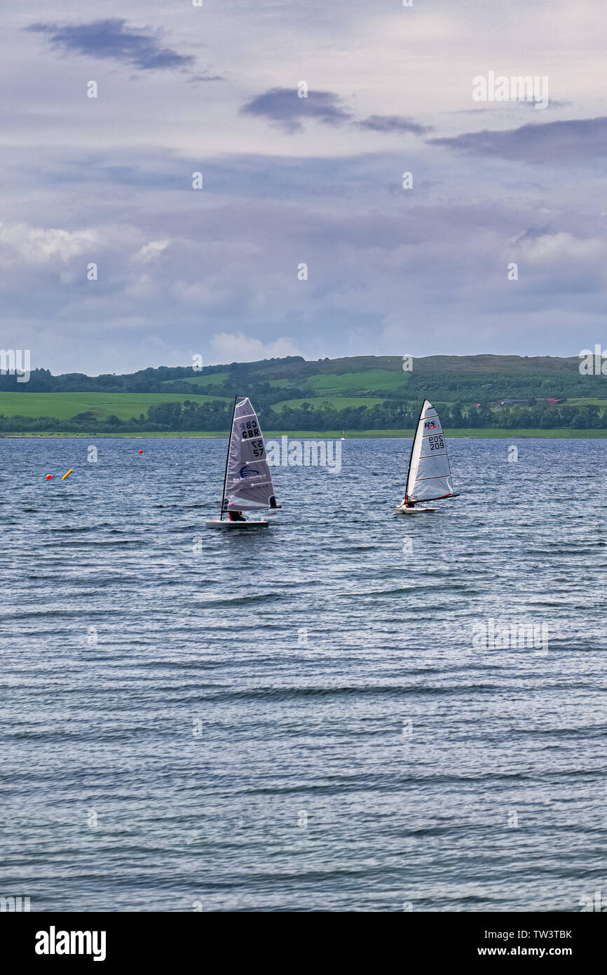 Largs, Schottland, Großbritannien - Juni 01, 2019: Einige kleine segeln Handwerk von Largs Yacht Haven auf den Firth of Clyde in Largs in Schottlands Westküste. Stockfoto