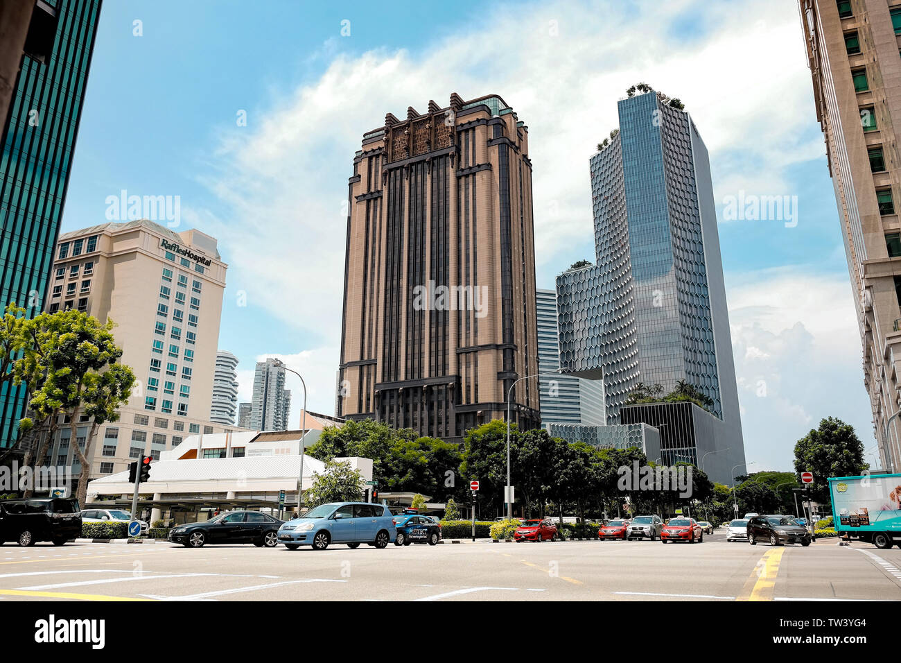 Parkview Square ist eine beeindruckende architektonische Art déco-Stil Bürogebäude in Singapur Kern der Innenstadt entlang der North Bridge Road und Burgis Kreuzung. Stockfoto