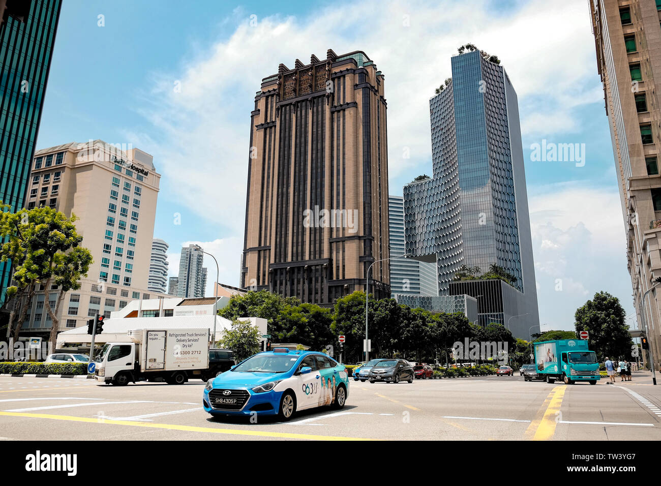 Parkview Square ist eine beeindruckende architektonische Art déco-Stil Bürogebäude in Singapur Kern der Innenstadt entlang der North Bridge Road und Burgis Kreuzung. Stockfoto