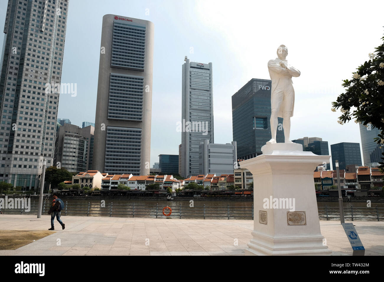 Boat Quay Landepunkt Singapur, die Lage, die Tradition, dass Sir Stamford Raffles am 28. Januar 1819 landete. Stockfoto