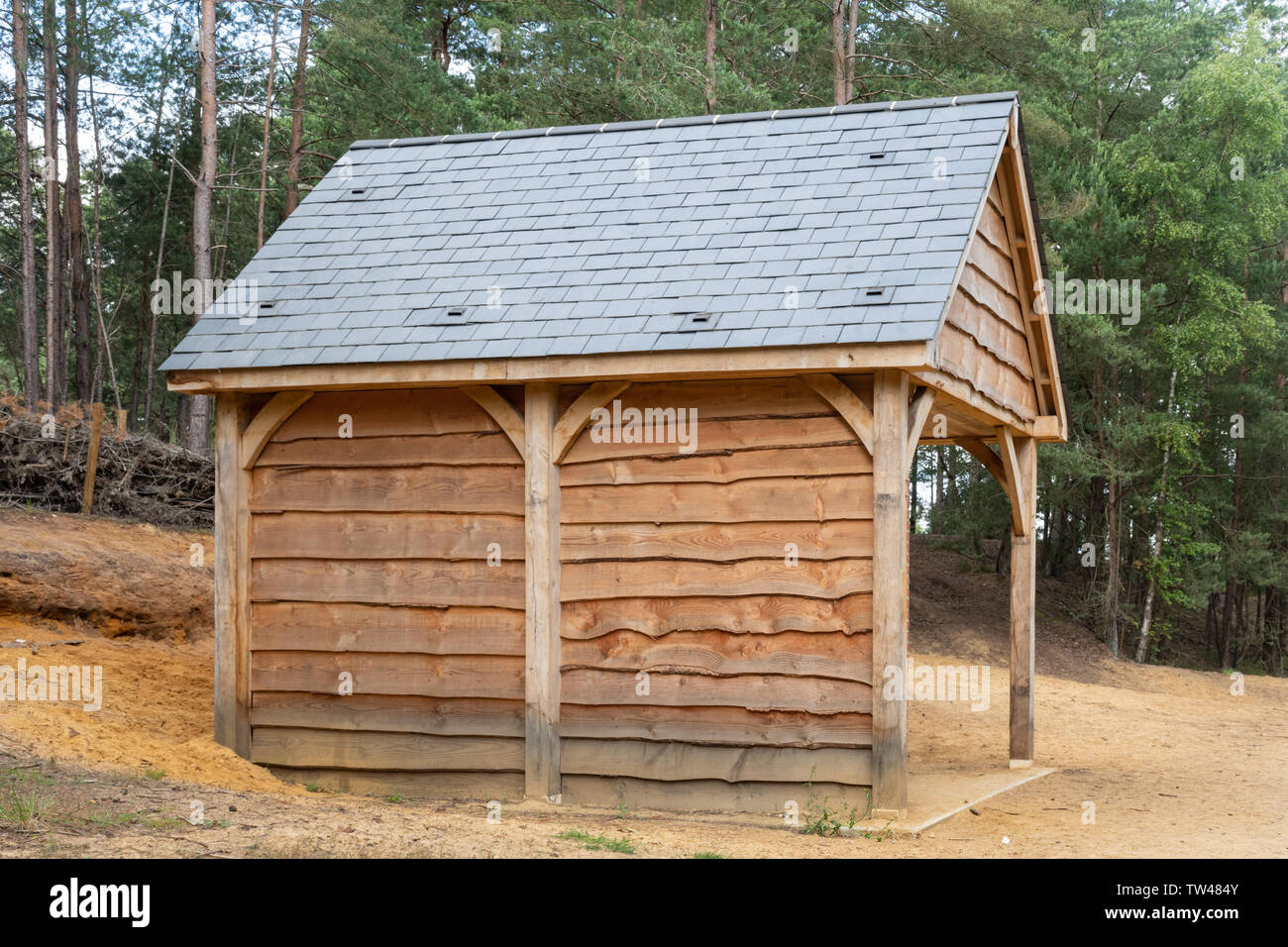 Bat-Haus oder Tierheim, mit Öffnungen im Dach Zugang für Fledermäuse, in der Nähe von Bordon Hogmoor Inclosure, Hampshire, UK zu ermöglichen Stockfoto