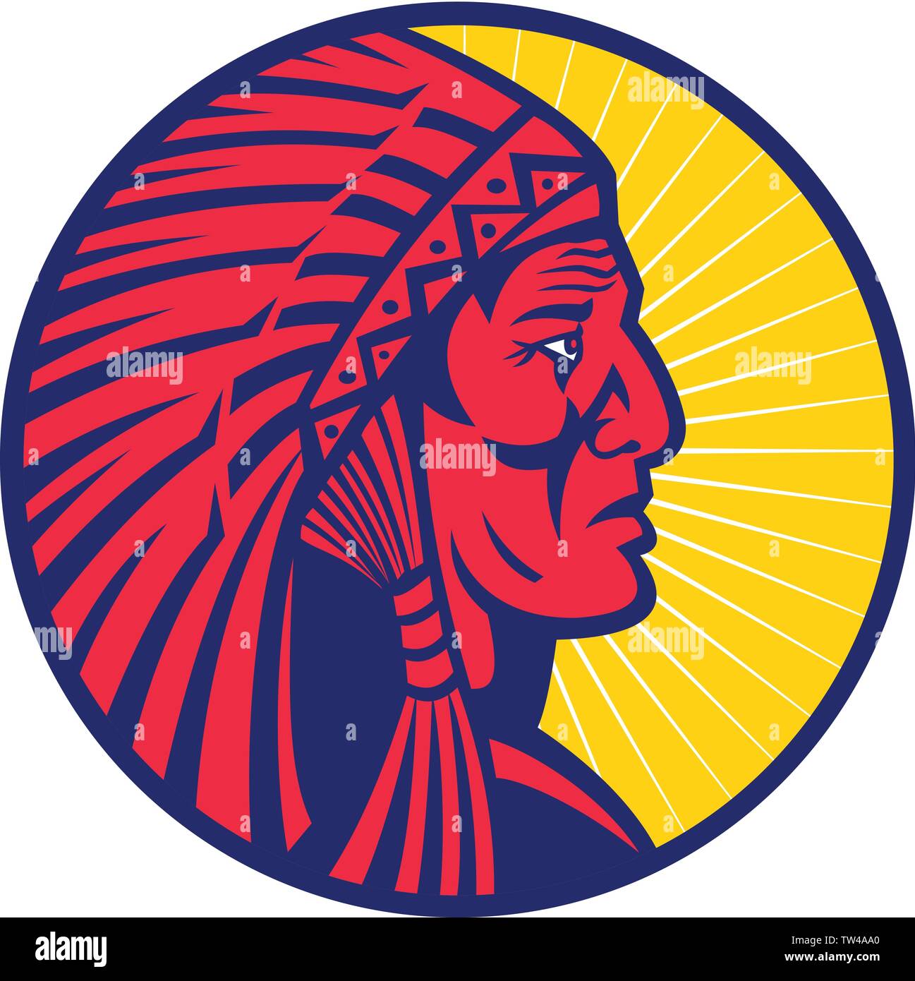 Maskottchen Symbol Abbildung: Kopf eines alten Native American Indian Chief Federkopfschmuck tragend oder War bonnet von side Stellen innerhalb des Kreises gesehen auf Stock Vektor