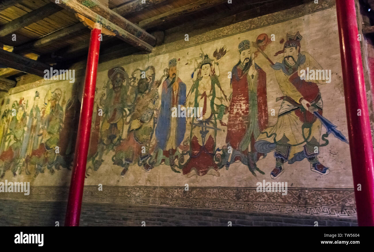 Alten Wandmalereien in der Halle Gehäuse der 35-Meter langen großen liegenden Buddha Statue, Dafo (Großen Buddha) Tempel, Zhangye, Provinz Gansu, China Stockfoto