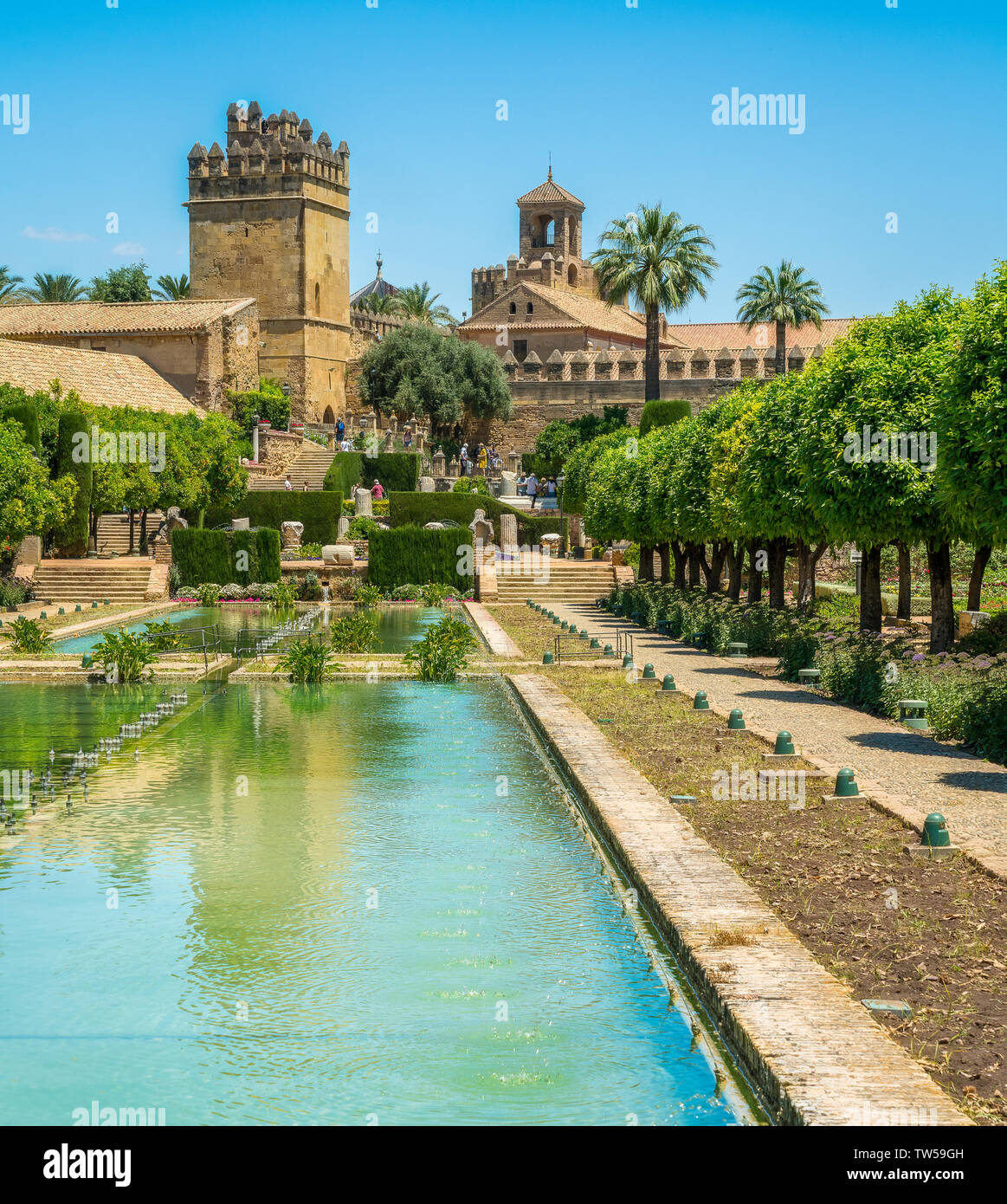 Die schöne Alcazar de los Reyes Cristianos (Alcazar der christlichen Könige) in Cordoba, Andalusien, Spanien. Stockfoto
