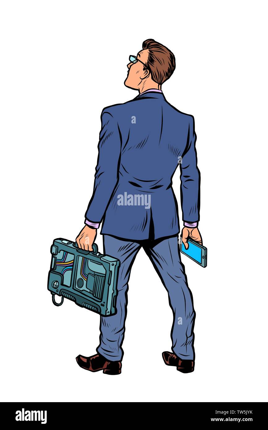 Geschäftsmann mit Tasche und Telefon. auf weißem Hintergrund isolieren Stock Vektor