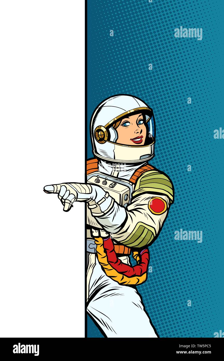 Mädchen Frau Astronaut. Punkt zum Weltraum Poster kopieren Stock Vektor
