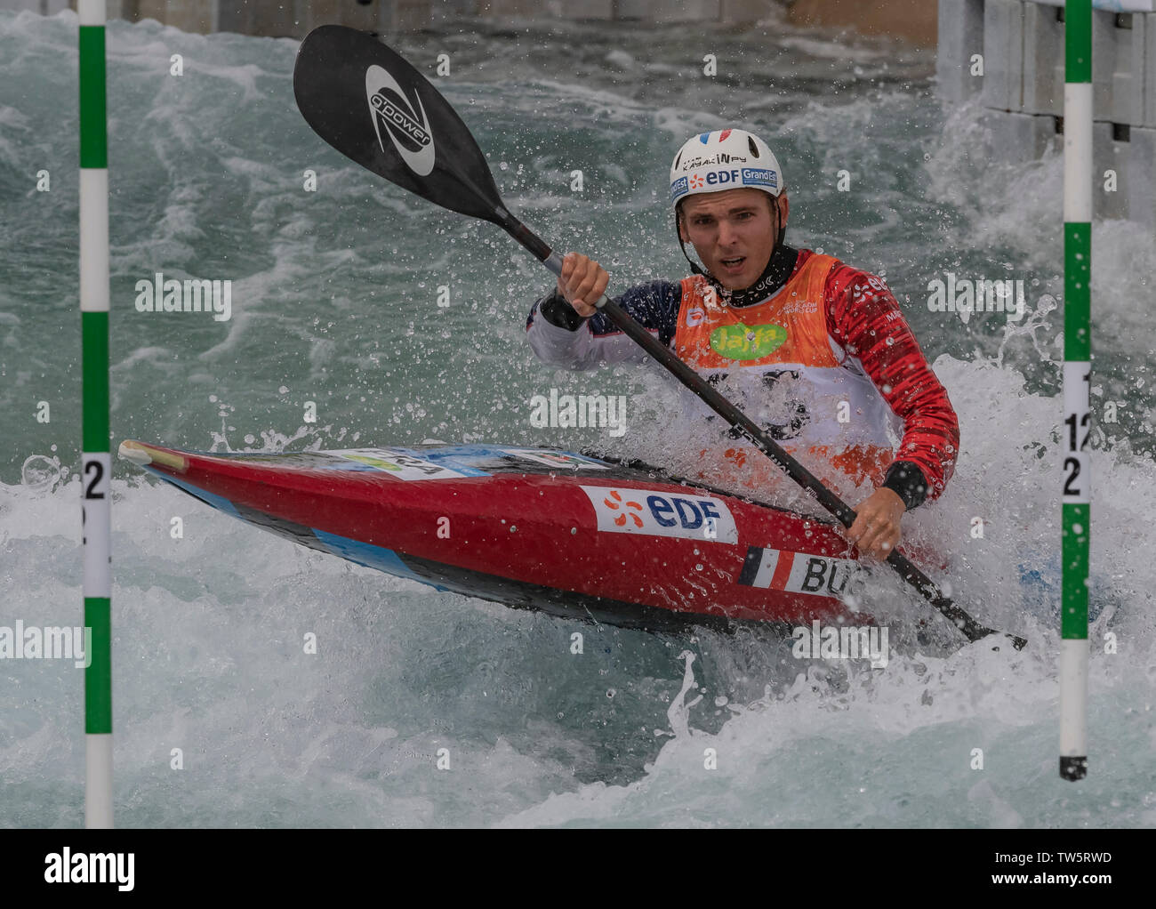 14.06.2019. Lee Valley White Water Centre, London, England. Die Canoe Slalom World Cup 2019 Quentin Burgi (FRA) konkurriert in der Mens Kajak MK1 Stockfoto