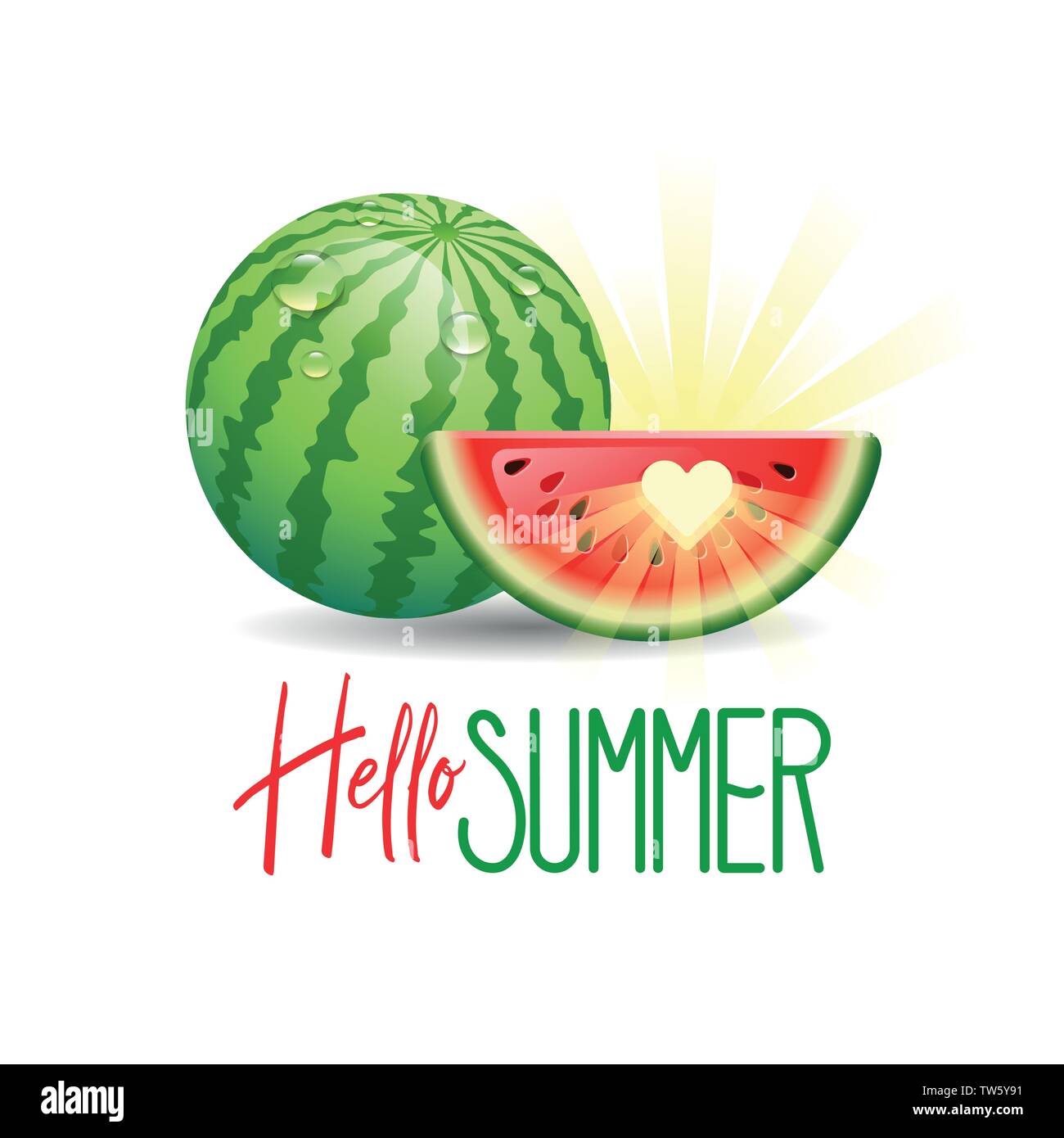 Hallo Sommer. Sommer Urlaub mit Sonne und Wassermelone auf weißem Hintergrund. Vector Illustration. Stock Vektor