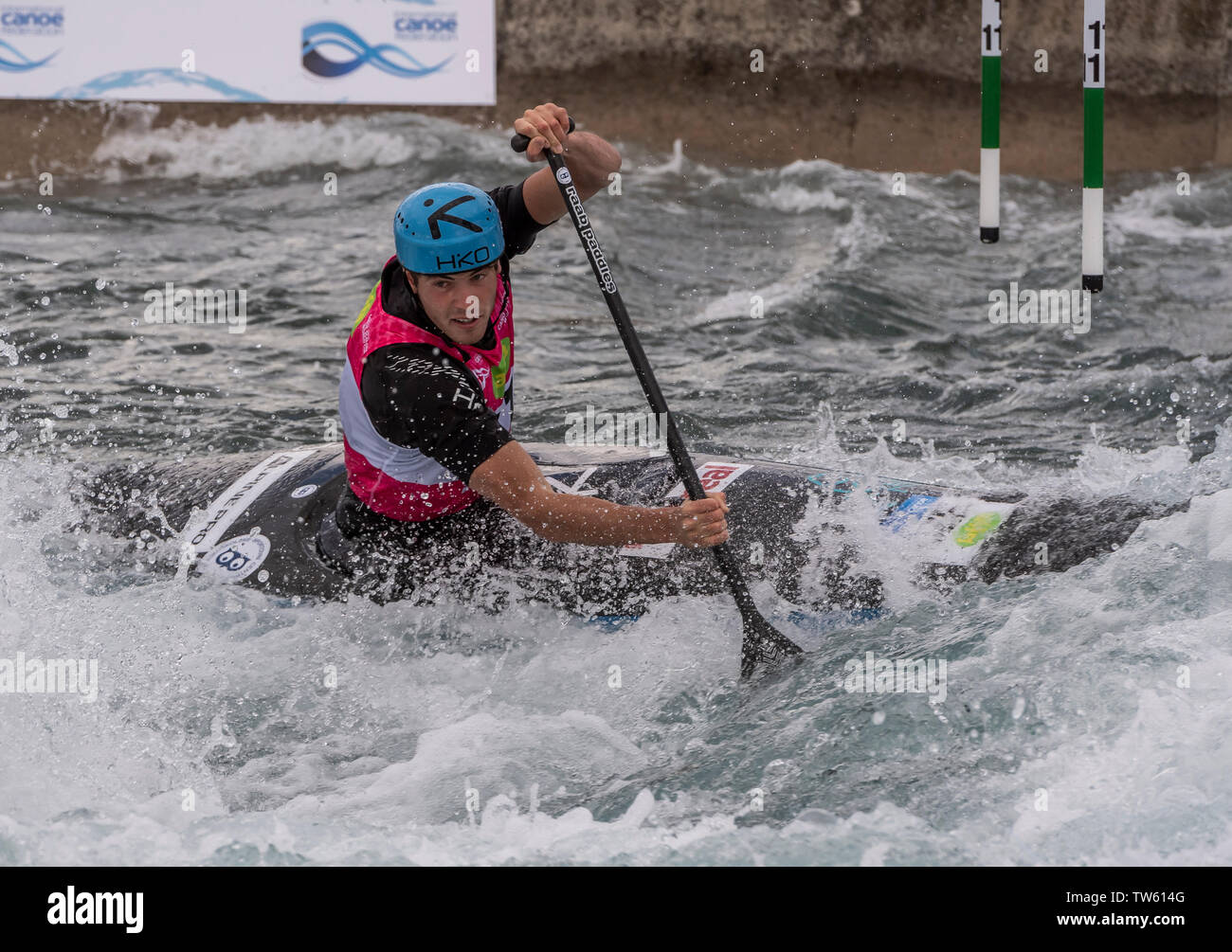 15.06.2019. Lee Valley White Water Centre, London, England. Die Canoe Slalom World Cup 2019 Lukas Rohan (CZE) konkurriert in der Mens Kanu MK1 Stockfoto