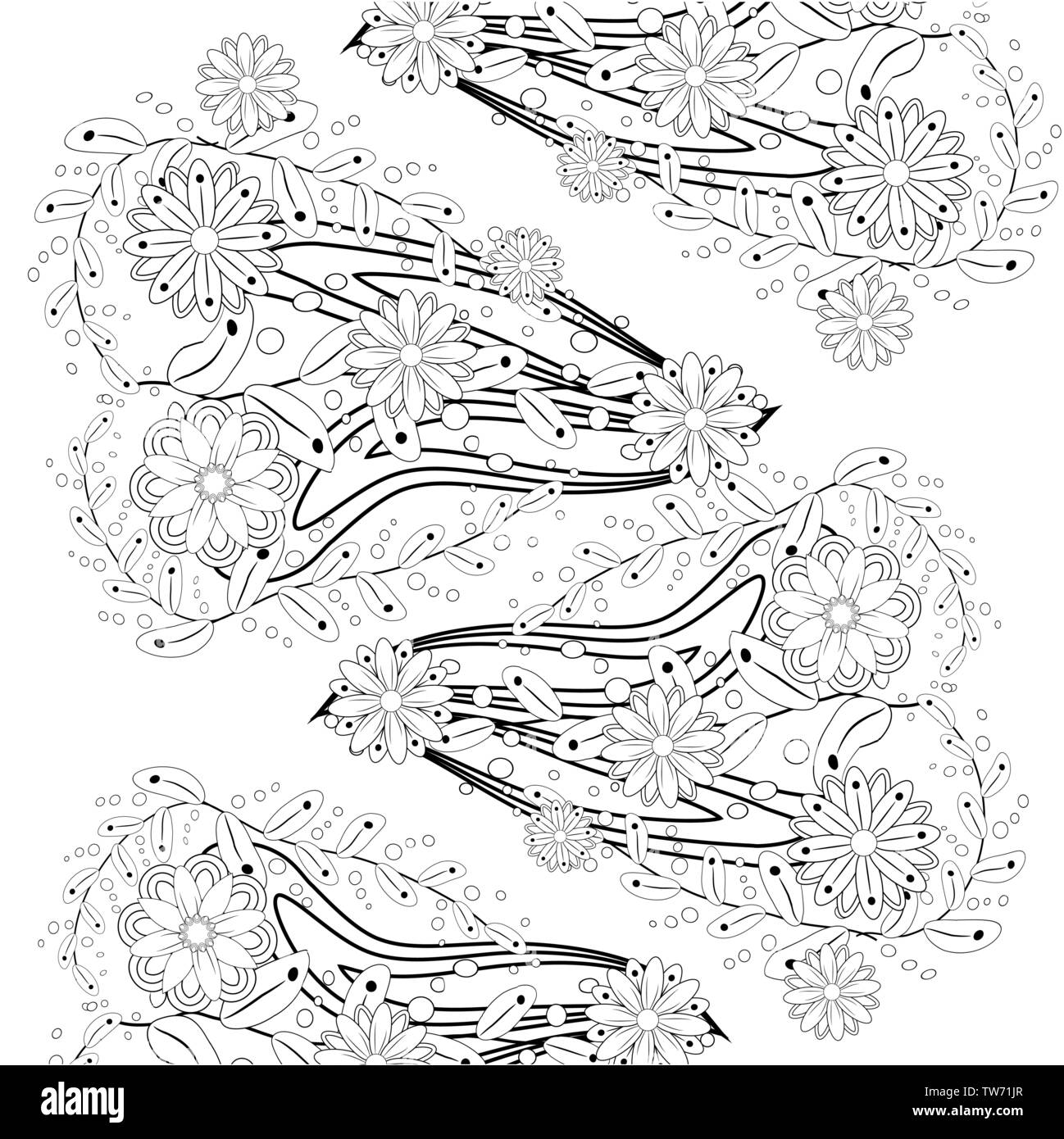 Überblick vector Zeichnen von Blumen für Erwachsene Malbücher. Seite von floralen Muster in Schwarz und Weiß. Stock Vektor