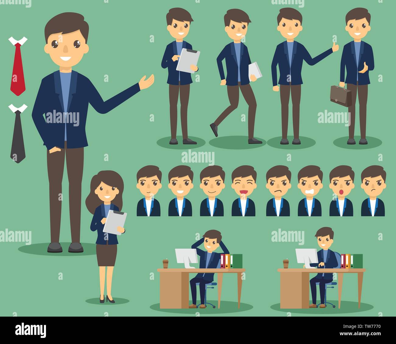 Geschäftsleute im Büro eingestellt. Posing und Emotionen. business in verschiedenen Stellen in Büro und Arbeiten. Vector Illustration. Stock Vektor