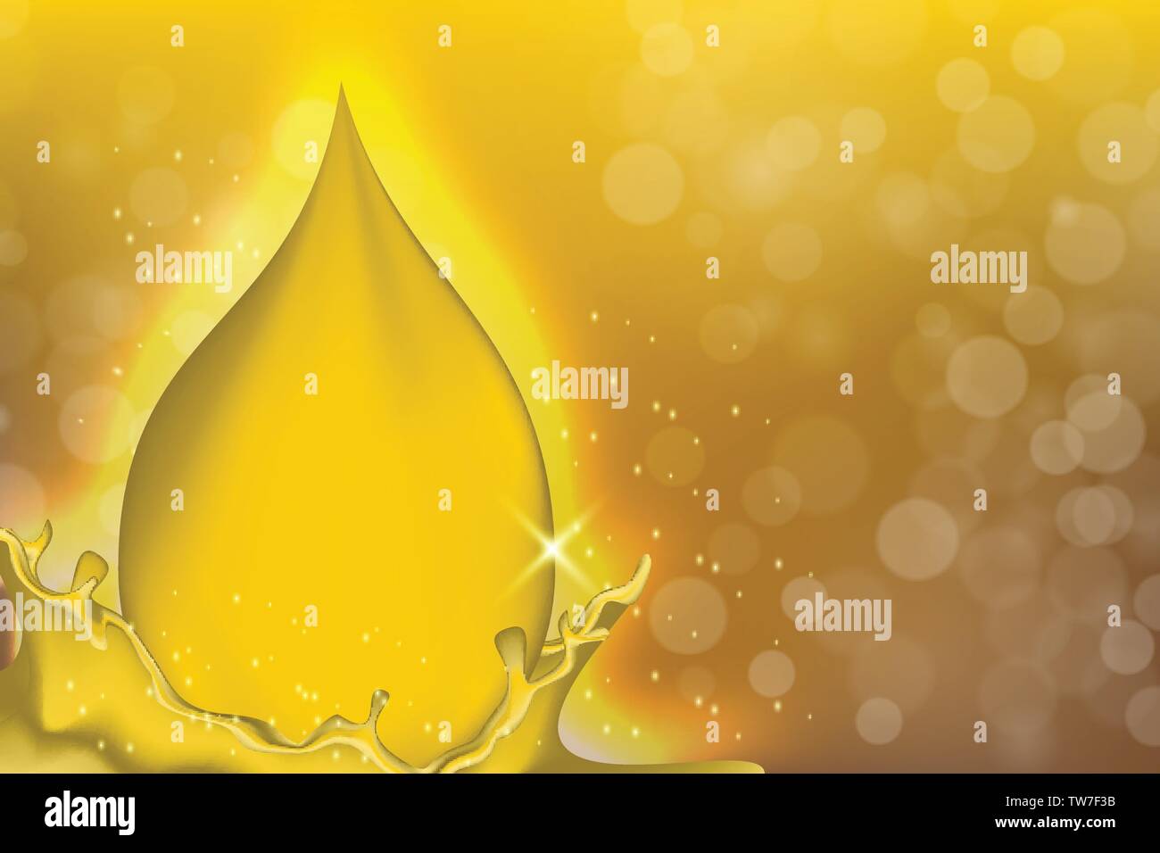 Goldenen Öltropfen auf gelbem Hintergrund mit leuchtenden Strahlen. Kollagen Essenz oder Gold Serum Tröpfchen. Vector Illustration. Konzept für Kosmetik Broschüre Stock Vektor