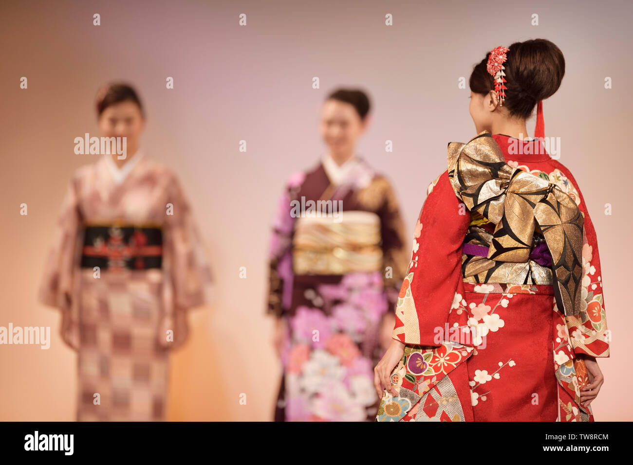 Nahaufnahme von einem komplizierten Kimono obi Gürtel Design in Rot und Gold. Japanische Frauen an einem Kimono Modenschau in Kyoto, Japan. Stockfoto