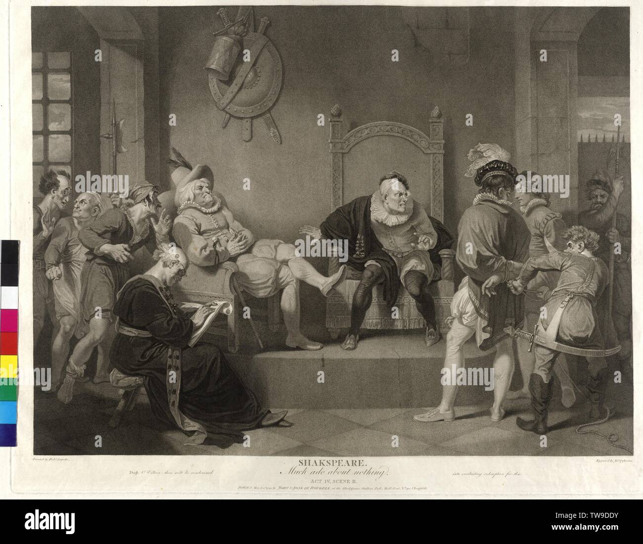 William Shakespeare: Viel Lärm um Nichts, Production Design, act IV, Scene II, im Gefängnis von Messina: Konrad und seine Verbündeten Borachio drehen vor Constable Dogberry und Verges steuern. Der gerichtsreporter Seacoal in den Vordergrund und macht das Sitzen selbst Beschriftung Gravur in Tamponieren von John ogborne basierend auf Gemälde von Robert Smirke, Blatt aus dem Shakespeare-Gallery von John boydell, Additional-Rights - Clearance-Info - Not-Available Stockfoto