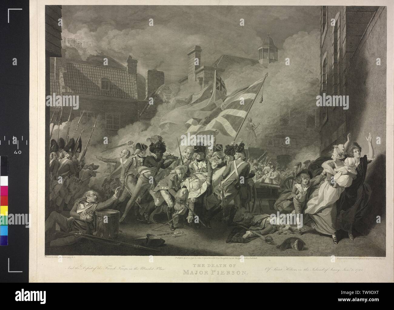 Der Tod von Wing Commander Pierson am 6. Januar 1781, Schlacht im Amerikanischen Kampf für Unabhängigkeit, der Sieg der Engländer über die französischen Truppen am Marktplatz von St. Heliers auf der Insel Jersey. In der Mitte ist der sterbenden Person Wing Commander Francis Peirson (Pierson) zu sehen, die von einer französischen Sharpshooter verpesteten schlug. Seine schwarzen Diener töten auf die französischen Soldaten, die zu Boden schlagen felling Kupferstich von James Heath basierend auf Gemälde von John Singleton Copley von 1783, heute die Malerei in der Galerie, Akt, Additional-Rights - Clearance-Info - Not-Available Stockfoto