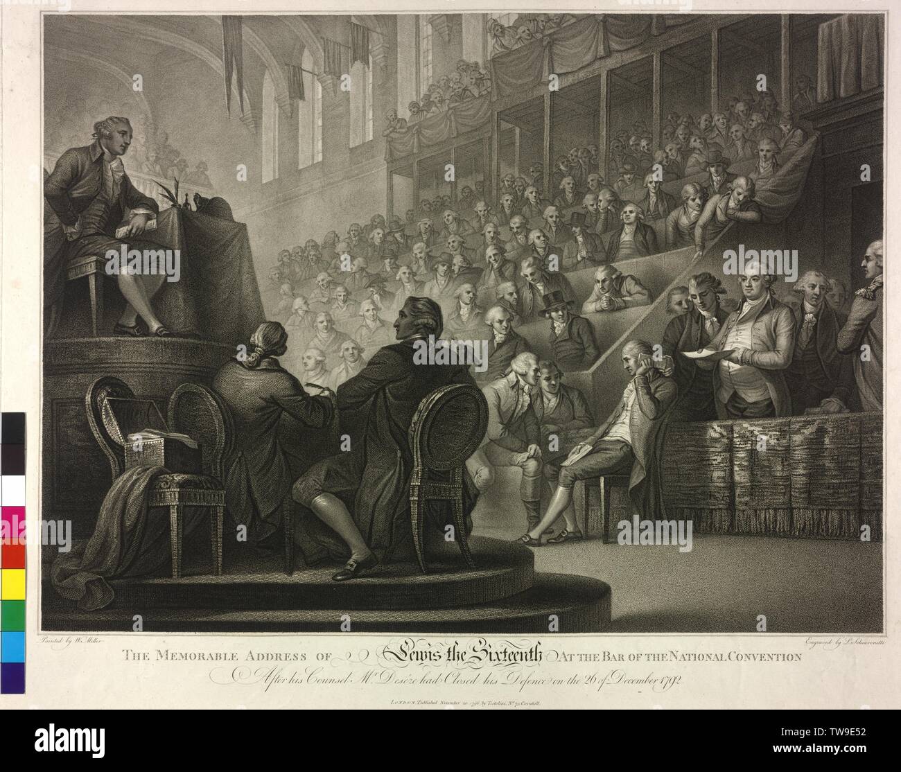 Ludwig XVI., König von Frankreich, während seiner Rede vor der National Convention, am 26.12.1792, Walze Gravur von Luigi Schiavonetti auf einem Gemälde von William Mühle person Schlüssel: illustrierte Pk 3003, 1048 eine Aufstellung der Mitglieder der Nationalen Übereinkommen: Pk 3003, 1048 b, Additional-Rights - Clearance-Info - Not-Available Stockfoto