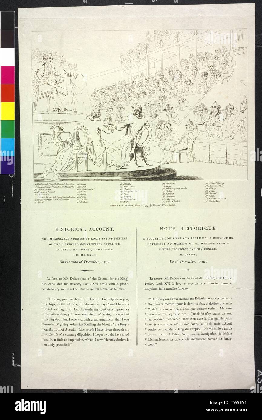 Ludwig XVI., König von Frankreich, in seiner Rede vor der National Convention, am 26.12.1792, illustrierte person Schlüssel zu einer Gravur von Luigi Schiavonetti basierend auf einem Gemälde von William Miller, Gravur Seite Pk 3003, 1048 Aufstellung der Mitglieder der Nationalen Übereinkommen: Pk 3003, 1048 b, Additional-Rights - Clearance-Info - Not-Available Stockfoto
