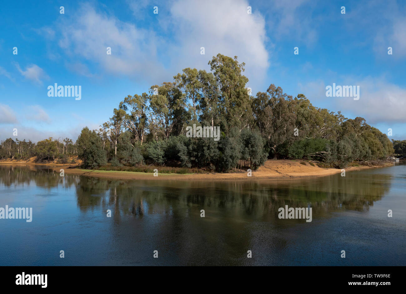 Der Murray River in der Nähe von Echuca Victoria, Australien mit blauem Himmel und Wasser. Stockfoto