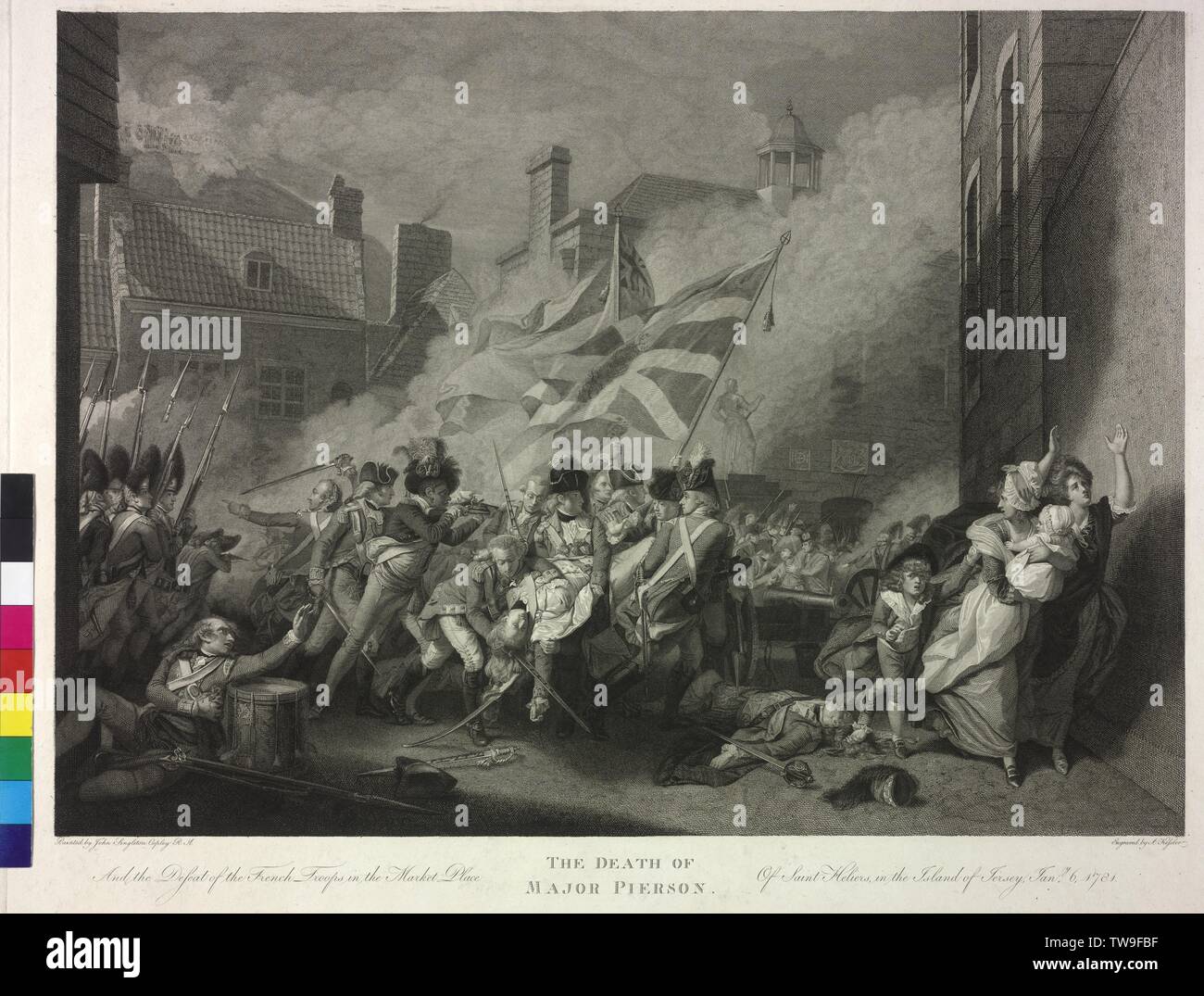 Der Tod des großen Pierson am 6. Januar 1781, Schlacht im Amerikanischen Kampf für Unabhängigkeit, der Sieg der Engländer über die französischen Truppen am Marktplatz von St. Heliers auf der Insel Jersey. In der Mitte ist der sterbenden Frau Major Francis Peirson (Pierson) zu sehen, die von einer französischen sharpshooter Sterblichen schlug. Seine schwarzen Diener töten Namensergänzung die französischen Soldaten, die das Schlagen nach unten fallen, Kupferstich von Aloys auf Gemälde von John Singleton Copley aus dem Jahre 1783 basierte Tinker, Kupferstich, 1800 veröffentlicht von Johann Friedrich, Additional-Rights - Clearance-Info - Not-Available Stockfoto