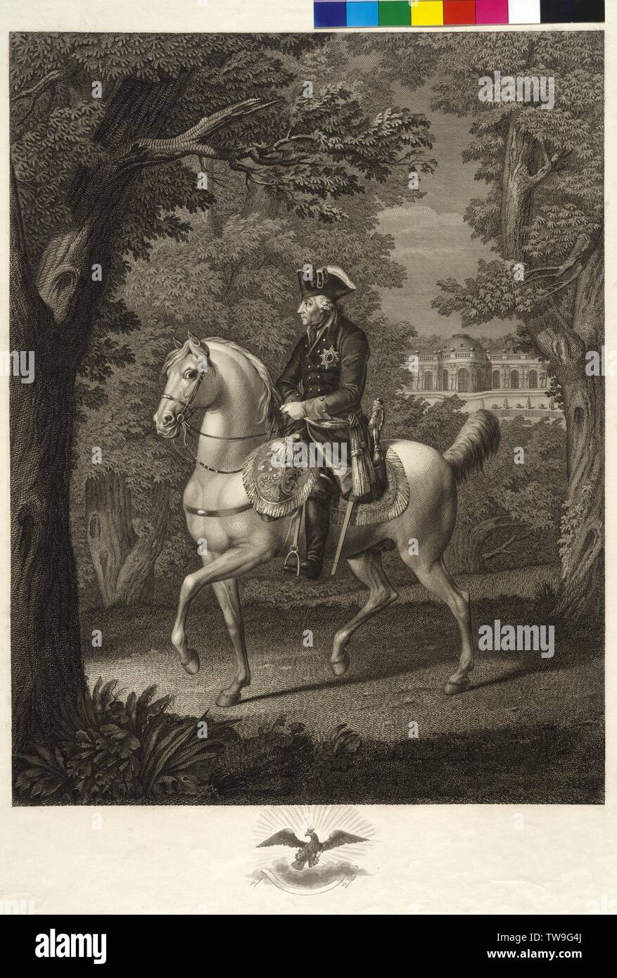 Friedrich II., König von Preußen, Bild auf Pferd im Park von Schloss ...