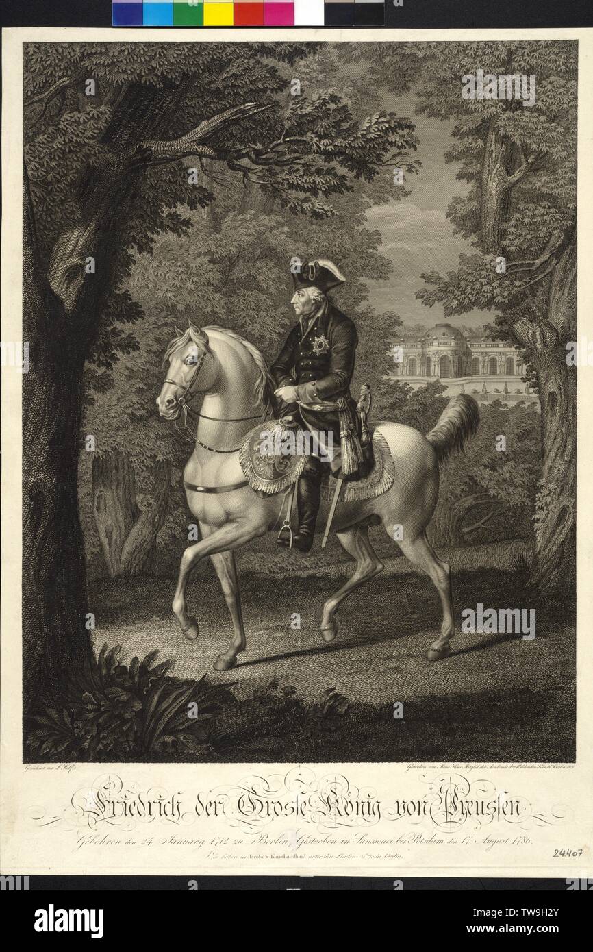 Friedrich der Große König von Preußen, Bild auf Pferd im Park von Schloss Sanssouci. Kupferstich/Radierung von Meno Haas auf der Basis einer Zeichnung von Ludwig Wolf, Additional-Rights - Clearance-Info - Not-Available Stockfoto