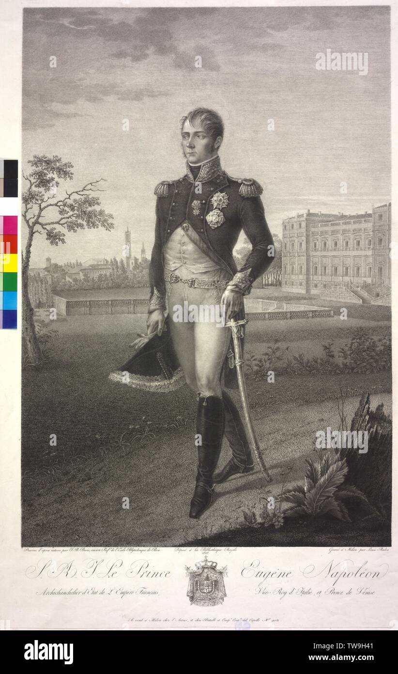 , Eugène de Beauharnais, radierung/Tamponieren von Luigi Rados auf einer Zeichnung von Jean François Bosio. Wappen, Additional-Rights - Clearance-Info - Not-Available Stockfoto