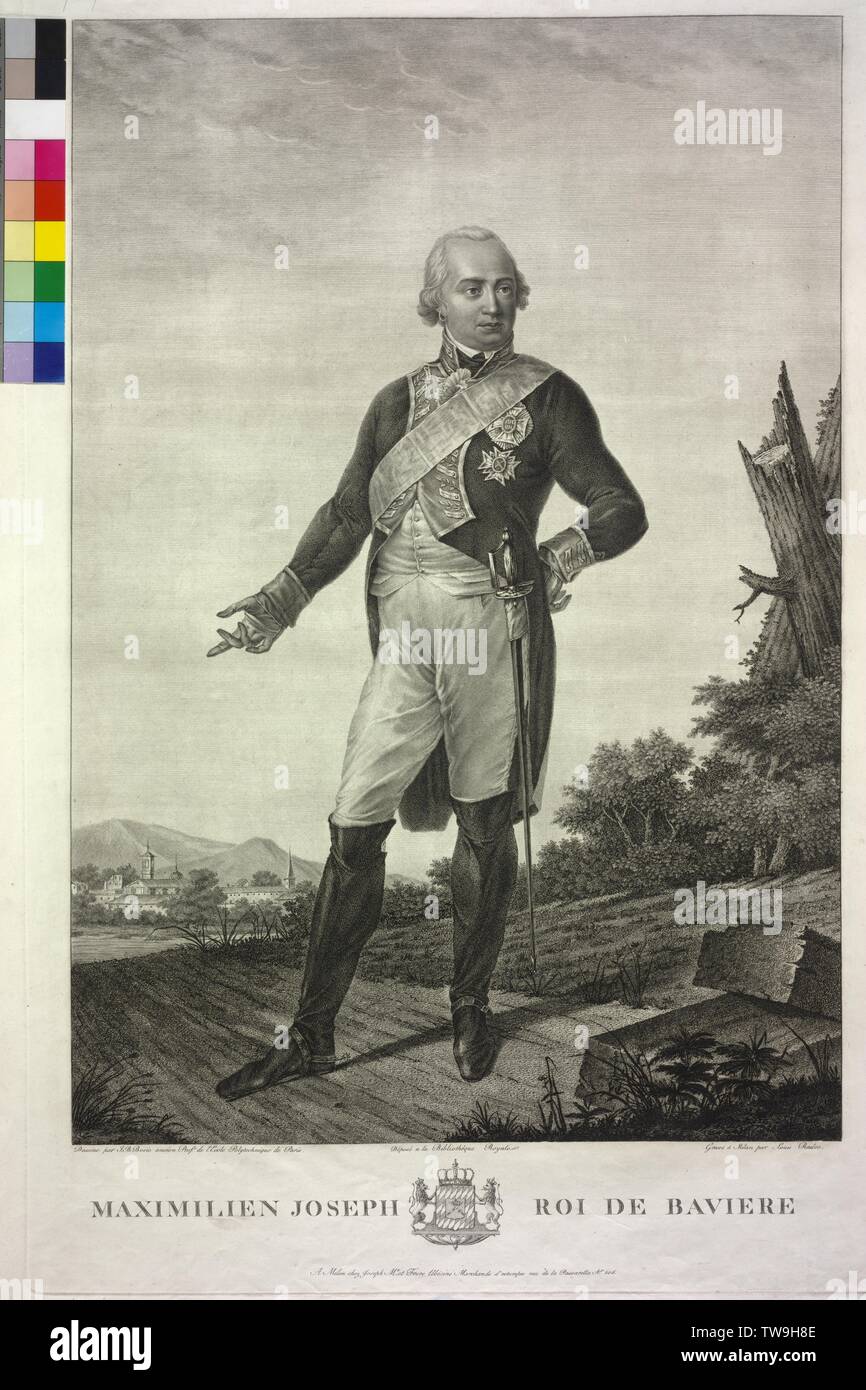 Maximilian I Joseph, König von Bayern, radierung/Tamponieren von Luigi Rados auf einer Zeichnung von Giovanni Battista Bosio. Wappen, Additional-Rights - Clearance-Info - Not-Available Stockfoto