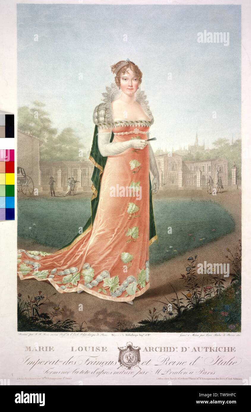 Maria Louisa, Erzherzogin von Österreich, farbige Farbe auftragen Gravur von Luigi Rados auf einer Zeichnung von J. B. Bosio und Pierre Paul Prudhon. Wappen, Additional-Rights - Clearance-Info - Not-Available Stockfoto