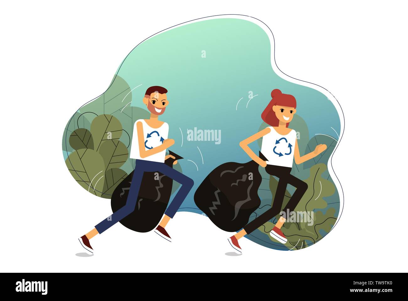 Paar ist Jogging im Wald herauf Wurf. Trendige Sport plogging, die Umwelt zu retten. Auf weissem Hintergrund. Flat Style stoc Stock Vektor