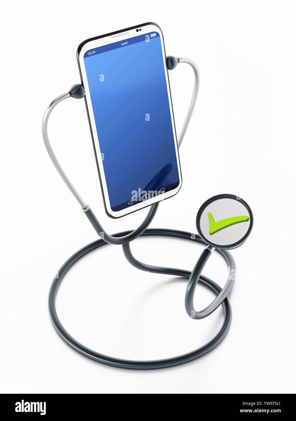 Stethoskop hören auf das Smartphone. 3D-Darstellung. Stockfoto