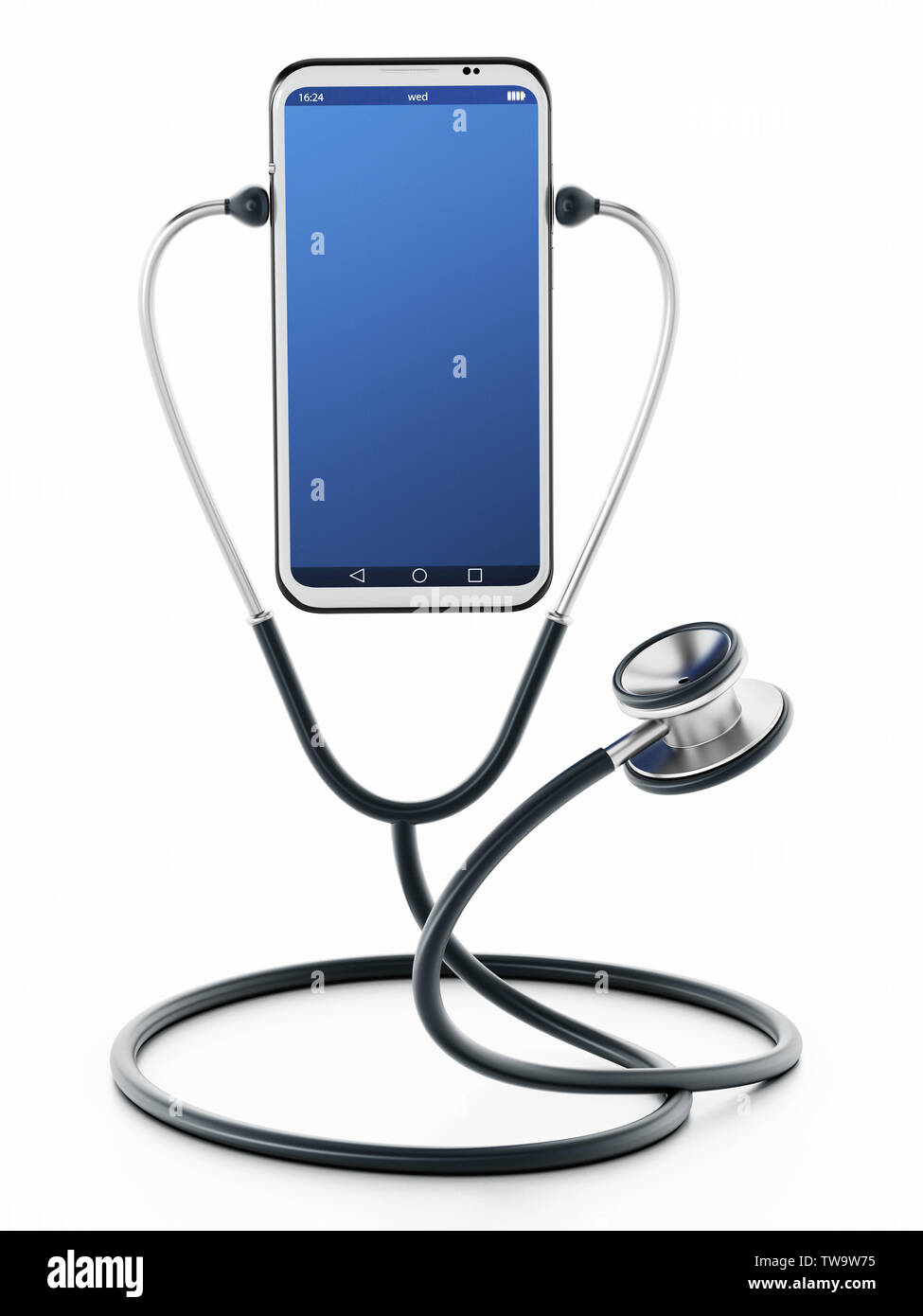 Stethoskop hören auf das Smartphone. 3D-Darstellung. Stockfoto