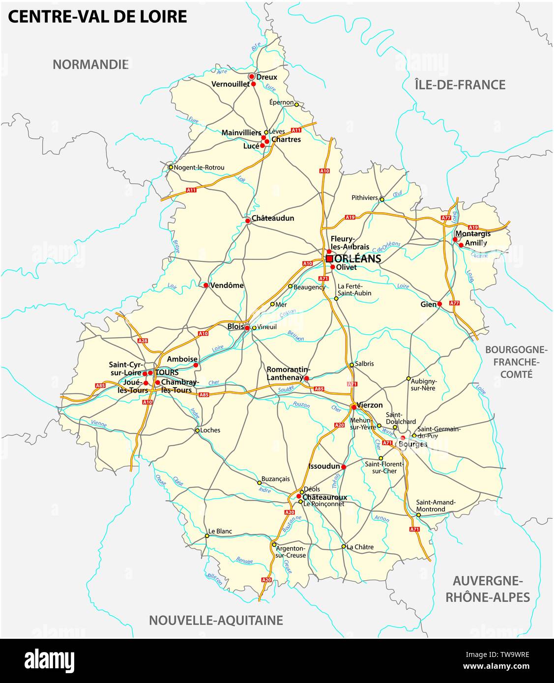Straßenkarte der Region Centre Val de Loire, Frankreich Stock Vektor