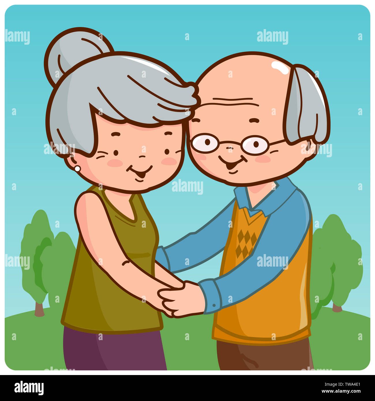 Glückliche Großeltern. Ein Seniorenpaar im Park. Ein alter Mann und eine alte Frau, die Hände halten. Stockfoto