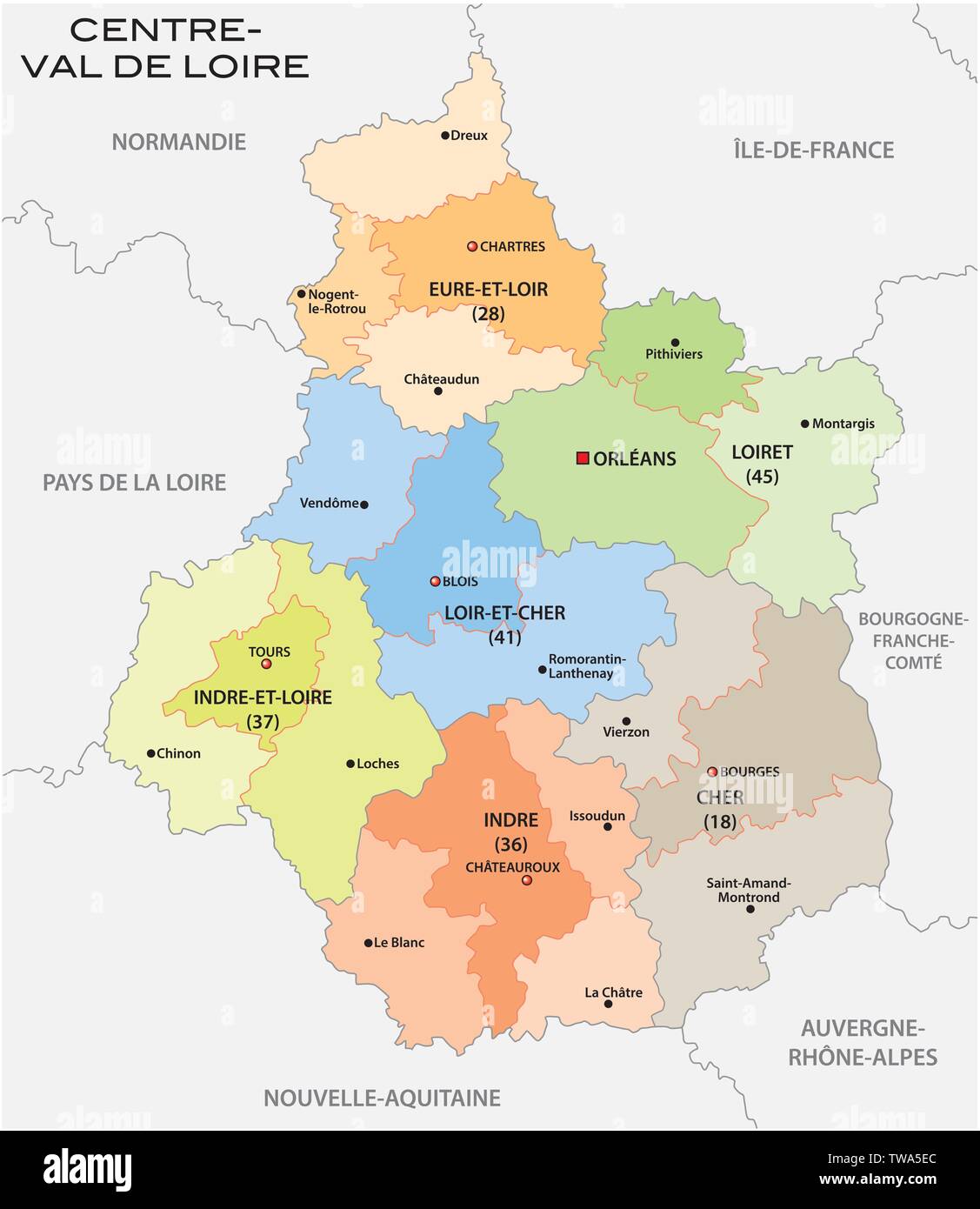 Administrative und politische Karte der Region Centre Val de Loire Frankreich Stock Vektor