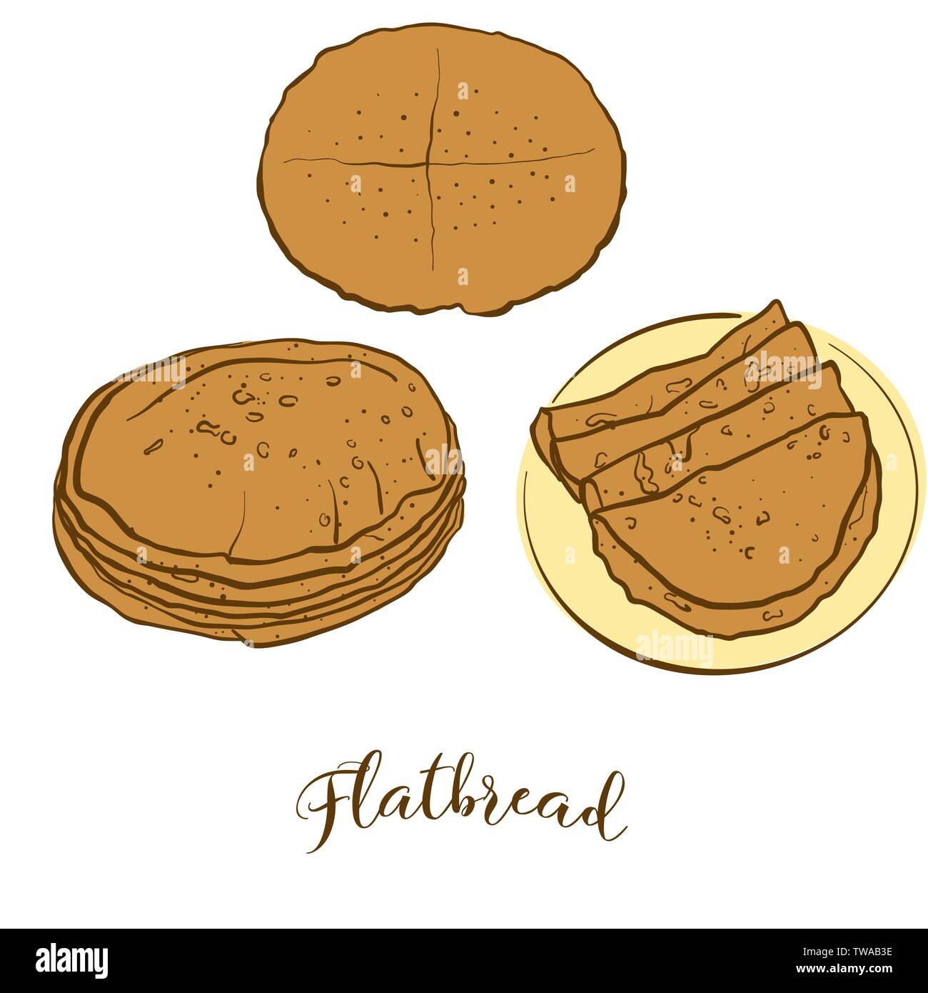 Farbige Skizzen von Fladenbrot Brot. Vektor Zeichnung von Fladenbrot Essen, in der Regel bekannt. Farbige Brot Abbildung Serie. Stock Vektor